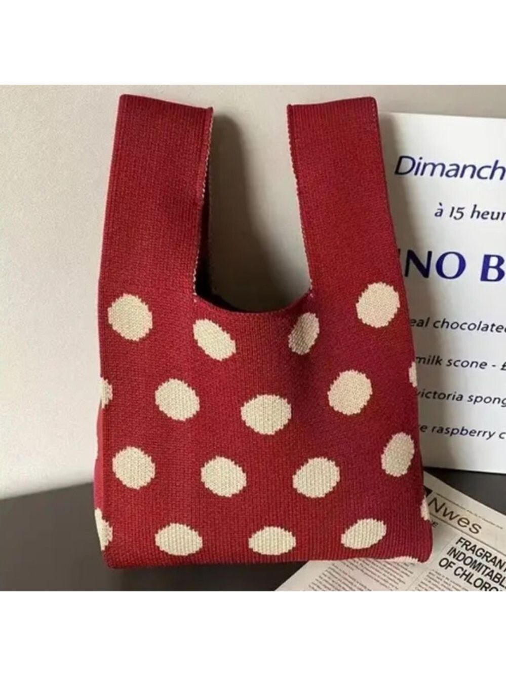 Heavy Woven Knit Polka Dot Pattern Tote Purse Bag Japanese Knot  Closure Style